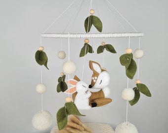 Woodland crib mobile, Deer nursery mobile, Forest mobile, animals mobile, Bunny baby mobile, Woodland baby shower gift, Felt ball mobile