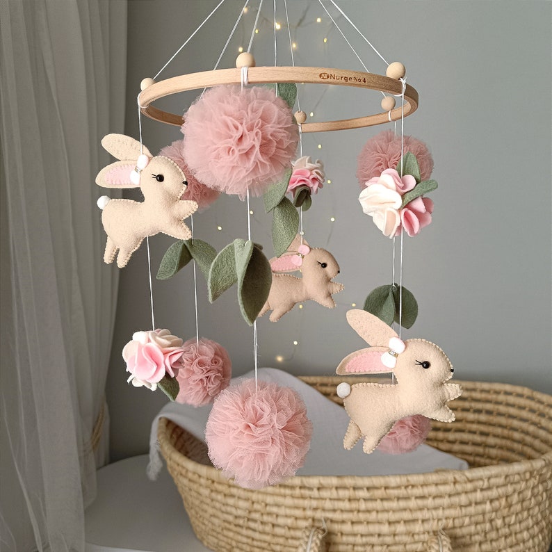 Bunny mobile for girl, mobile with tulle pompoms, girl crib mobile, nursery mobile for girl zdjęcie 2