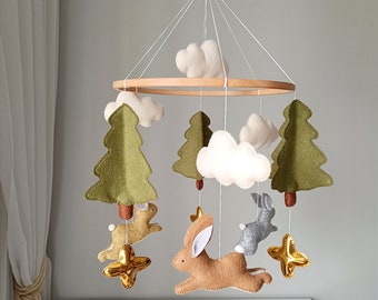 Baby crib mobile with bunnies, Nursery mobile with gold stars, Gender neutral mobile, Forest mobile baby