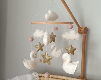 Swan baby mobile for nursery with golden stars, baby girl mobile, crib mobile for girl