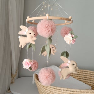 Bunny mobile for girl, mobile with tulle pompoms, girl crib mobile, nursery mobile for girl