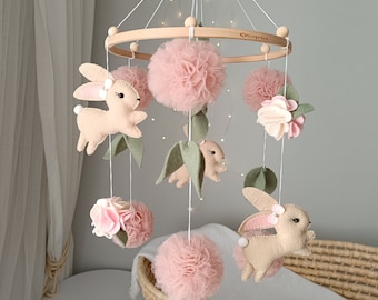Bunny mobile for girl, mobile with tulle pompoms, girl crib mobile, nursery mobile for girl