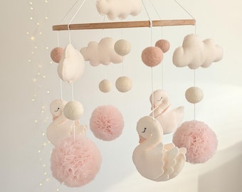Swan Baby Mobile, Tulle Pom Poms, Felt Nursery Decor