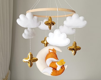 Woodland crib mobile with fox, neutral baby mobile, forest nursery mobile, cot mobile baby girl, gold stars mobile