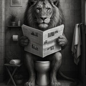 Black and White Lion Bathroom Art Print – Funny Animal Toilet Wall Décor – Digital Download – Monochrome Jungle Safari Poster for Bathroom