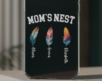 Personalized Mom Phone Case With Kids Names,Custom Mama iPhone Case,Gift For Mother,Feather Mom iPhone Case,Mothers Day Gift,iPhone 14,13,12
