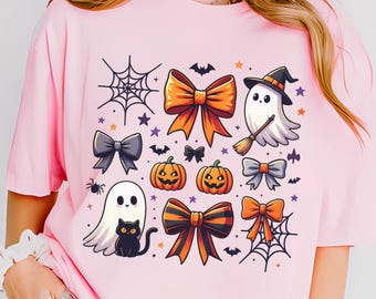 Camiseta de Halloween con coqueta, camiseta de calabaza de Halloween con coqueta, camiseta retro de fantasma, linda camiseta de otoño para mujer, camiseta de Halloween con temática de temporada espeluznante.