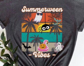 Summerween Party Shirt,Flamingo Halloween,Summerween Cute Spooky Summer Ghost and Bat Whimsigoth Halloween Lover T-Shirt,Summer Beach Shirt