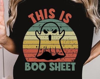 これはブーシートTシャツ、面白いハロウィンシャツ、子供用ハロウィンシャツ、面白いハロウィンゴースト、不気味な季節、レトロハロウィンシャツプラスサイズです。