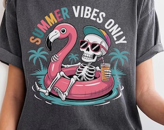 Summerween Comfort Color Tshirt,Spooky Summer Vibes Skeleton Monster Beach Party Tee Vacation Shirt Scary Movie Lover Gift Trendy Aesthetic