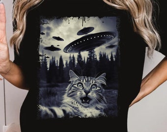 Camiseta clásica divertida con diseño de gato tomándose un selfie con ovnis, camiseta divertida con gato, camiseta con gato ovni, camiseta con selfie de gato, camiseta con selfie de extraterrestres con gato, regalo para amantes de las mascotas