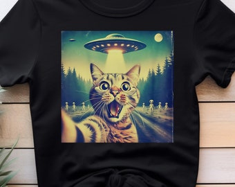 Camiseta clásica divertida con diseño de gato tomándose un selfie con ovnis, camiseta divertida con gato, camiseta con gato ovni, camiseta con selfie de gato, camiseta con selfie de extraterrestres con gato, regalo para amantes de las mascotas
