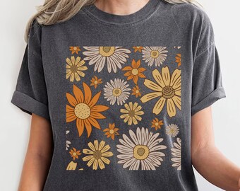 Camiseta de flores, camisa Boho Wildflowers, camisa Boho Flowers, camisa floral de cor confortável, camisa Boho para o dia das mães, camisa floral Cottagecore
