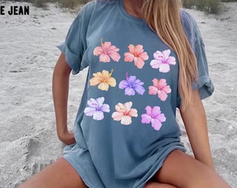 Camiseta de flores de hibisco, camisa Aloha Hawaii, camisetas de mujer Comfort Colors, camiseta de playa de gran tamaño, camiseta de verano, camisa de flores silvestres