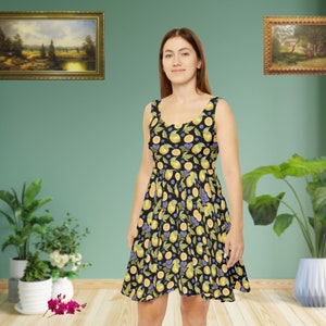 Summer All Over Print Skater Dress,Skater Dress for Women,Trendy Summer Dress,Lemon Summer Print Dress,Cottagecore Dress,citrus,Sicilian
