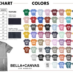 May include: Size chart for t-shirts with width and length measurements in inches.  The chart shows two fabric types: solid weaves and heather weaves.  The chart also shows a colour palette of 72 different colours for t-shirts.  The text "Bella+Canvas Los Angeles" is at the bottom of the chart.