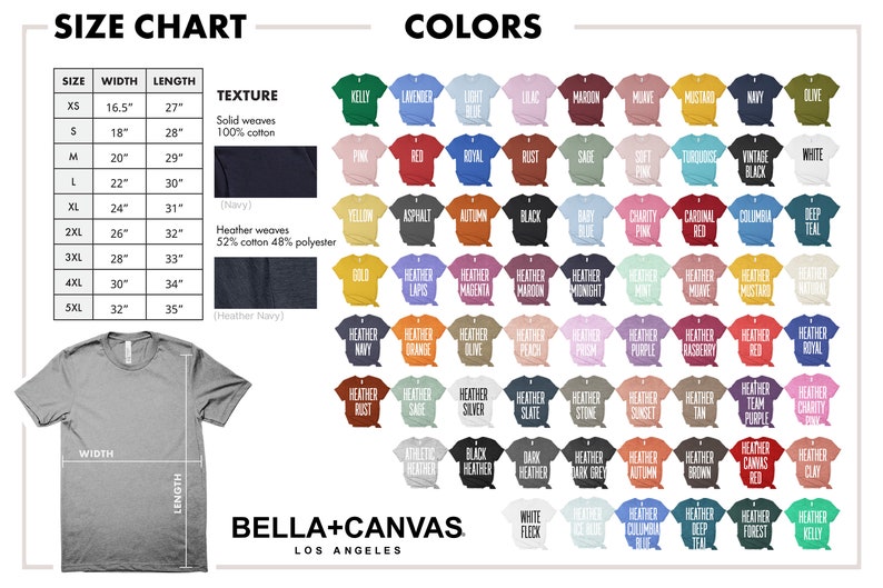 May include: Size chart for t-shirts with width and length measurements in inches.  The chart shows two fabric types: solid weaves and heather weaves.  The chart also shows a color palette of 72 different colors for t-shirts.  The text "Bella+Canvas Los Angeles" is at the bottom of the chart.