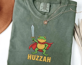 Comfort Colors® Huzzah Frog with Sword Shirt,Medieval Frog Shirt,Funny DnD T-Shirt, Renaissance Faire Frog Gift,Halloween Christmas Gift Tee