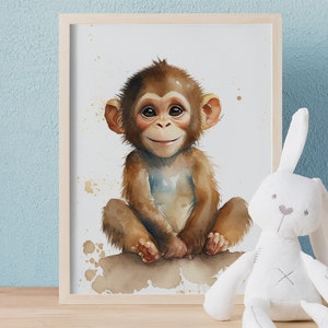 Baby Monkey Print, Nursery Animal Wall Art, Safari Decor, Printable Nursery Animals, Cute Baby Monkey, Large Poster, Babies Room Prints