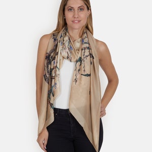 Silk Scarf in Beige/Gold Floral Print - Van Gogh Almond Blossom