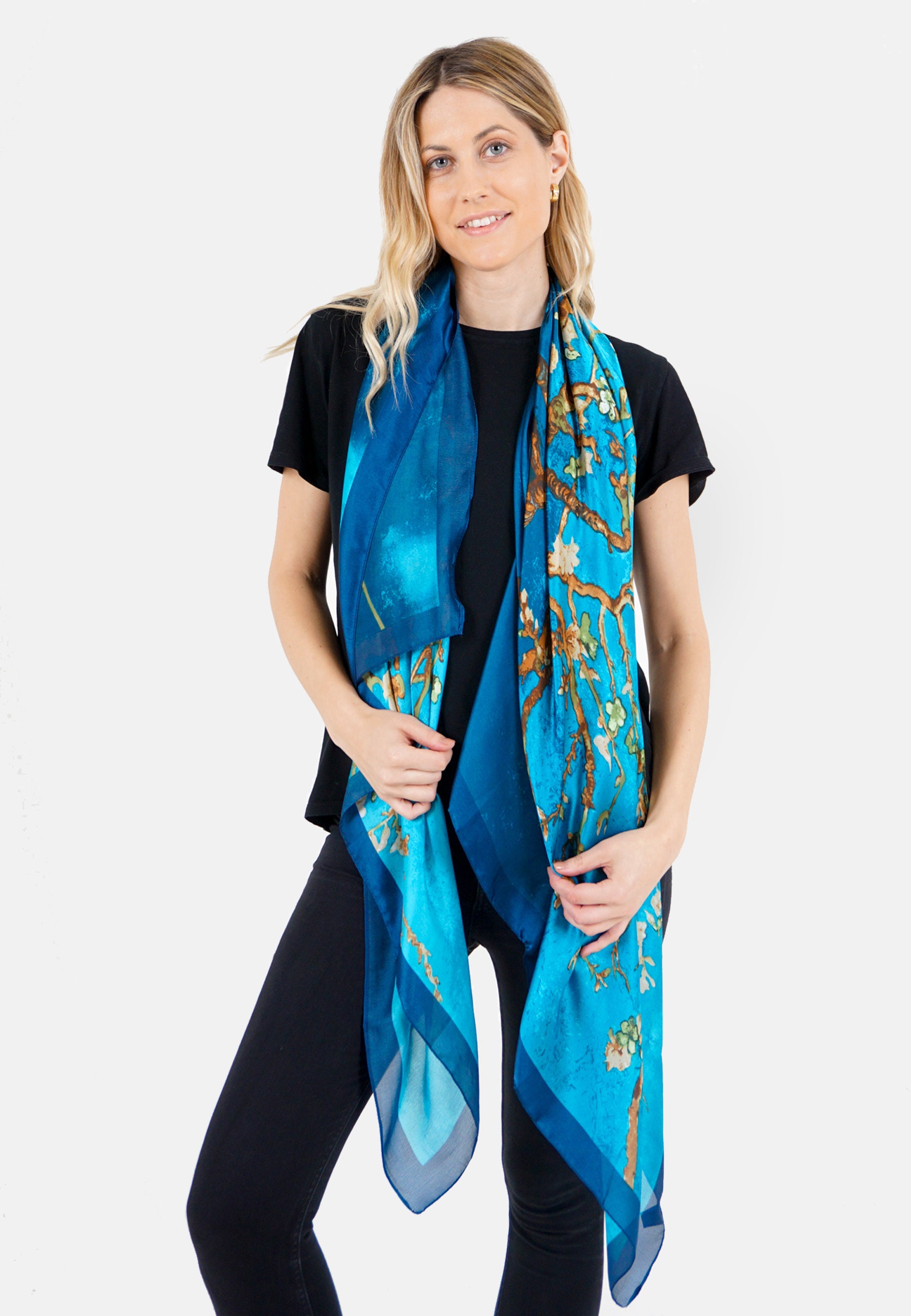 Printed Modal Linen Silk Scarf in Turquoise Florettes main image 1