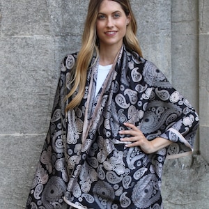 Silk Scarf in Black and Cream with Paisley Design