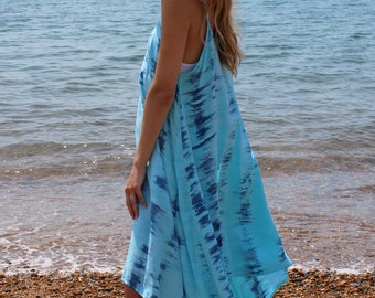 Blue Tie Dye Strappy Asymmetrical Dress