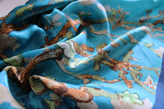 Silk Scarf in Turquoise Floral Print - Van Gogh Almond  display picture 1