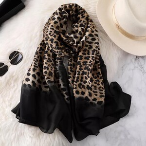 100 % Silk scarf soft wild leopard black print