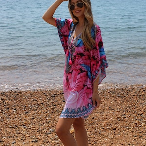Light weight Short pink Boho Beach kaftan summer  beach vibrant pink & Blue print
