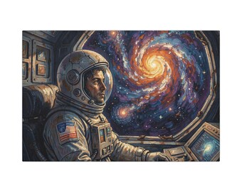 Astronauta mirando una galaxia espiral (lienzo/cuadro mate) para pared
