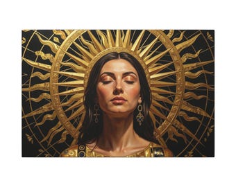 Lienzo mate de mujer con halo dorado