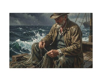 Viejo pescador remendando redes de lona