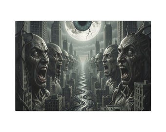 Lienzo con estampado surrealista de estatuas gritando y paisaje urbano / Cuadro de pared mate estirado