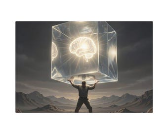 Hombre sosteniendo un lienzo con forma de cubo cerebral brillante