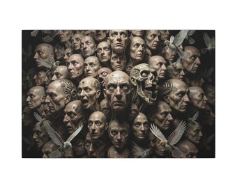 Collage surrealista de rostros sobre lienzo mate