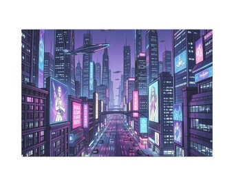 Paisaje urbano cyberpunk en lienzo mate / Arte mural de ciudad futurista neón