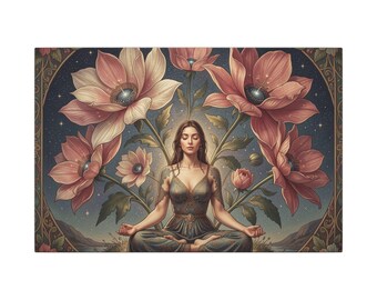 Lienzo de una mujer meditando con flores