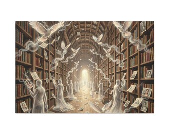 Ilustración en lienzo de fantasmas de una biblioteca embrujada