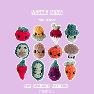 May include: A collection of twelve small crocheted vegetable figures including a tomato, corn, radish, broccoli, avocado, potato, pumpkin, mushroom, chili, peas, eggplant, and carrot. The text reads VEGGIE MINIS no sew PDF CROCHET PATTERN BY HOOKSTORIES.