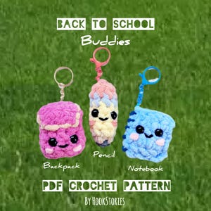 Zurück zu Schule Schlüsselanhänger Häkelanleitungen: Mini Bleistift, Notizbuch, Rucksack (PDF-Muster-Bundle)