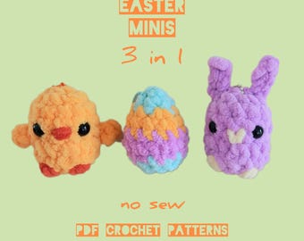 Easter Minis No Sew Crochet Pattern Bundle, Chick, Bunny, Egg, Amigurumi Keychain Pattern