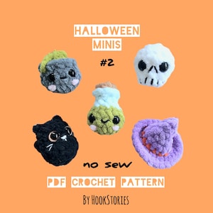 May include: A collection of crocheted Halloween-themed mini figures, including a skull, witch's hat, black cat, potion bottle, and a rock. The image includes the text "Halloween Minis #2" and "no sew PDF Crochet Pattern by HookStories."
