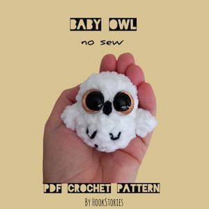 Puede incluir: Un búho bebé de crochet blanco con grandes ojos negros y un iris marrón. El búho está siendo sostenido en una mano. El texto "BABY OWL no sew PDF CROCHET PATTERN BY HOOKSTORIES" está debajo del búho.
