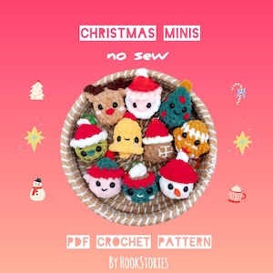 Puede incluir: Una colección de coloridos adornos navideños miniaturas de ganchillo en una cesta tejida. Los adornos incluyen a Papá Noel, un reno, un árbol de Navidad y un muñeco de nieve. El texto "CHRISTMAS MINIS" y "no sew" se muestran en la parte superior. El texto "PDF CROCHET PATTERN" y "BY HOOKSTORIES" se muestran en la parte inferior.
