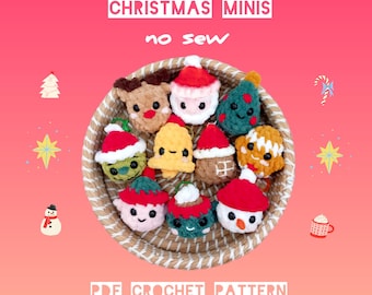 May include: A collection of colorful, crocheted Christmas mini ornaments in a woven basket. The ornaments include Santa, a reindeer, a Christmas tree, and a snowman. The text "CHRISTMAS MINIS" and "no sew" are displayed at the top. The text "PDF CROCHET PATTERN" and "BY HOOKSTORIES" are displayed at the bottom.