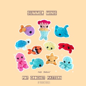 May include: A collection of colorful, crocheted sea creatures, including a mermaid, fish, turtle, crab, and octopus. The image has the text "Summer Minis" and "PDF Crochet Pattern by Hookstories". The crochet animals are in various shades of blue, pink, orange, and yellow.