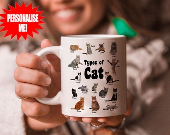 May include: White ceramic mug with a black and white illustration of different types of cats. The text "Types of Cat" is printed in black on the mug.