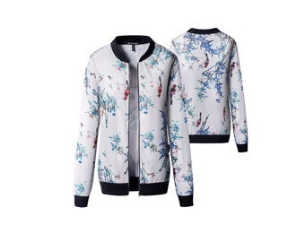 Blouson aviateur à imprimé floral pour femme à manches longues et zippés Blouson léger pour femme Blanc UK 8-16