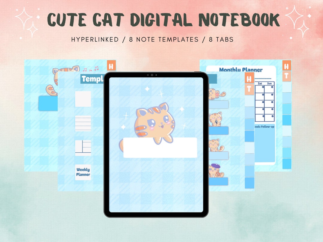 Cute Digital Notebook for Digital Planner | Kawaii Notebook | Cute Cat iPad Planner for Goodnote ...